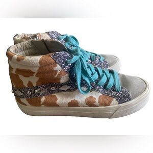 GIANNI BINI WOMEN'S SZ 7.5 Designer High Tops Sneakers Cow Hide Print & Glitter